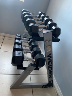 Weider Rubber Hex Dumbbell Set 10-30 lb Pairs + Rack – 200 lb Total