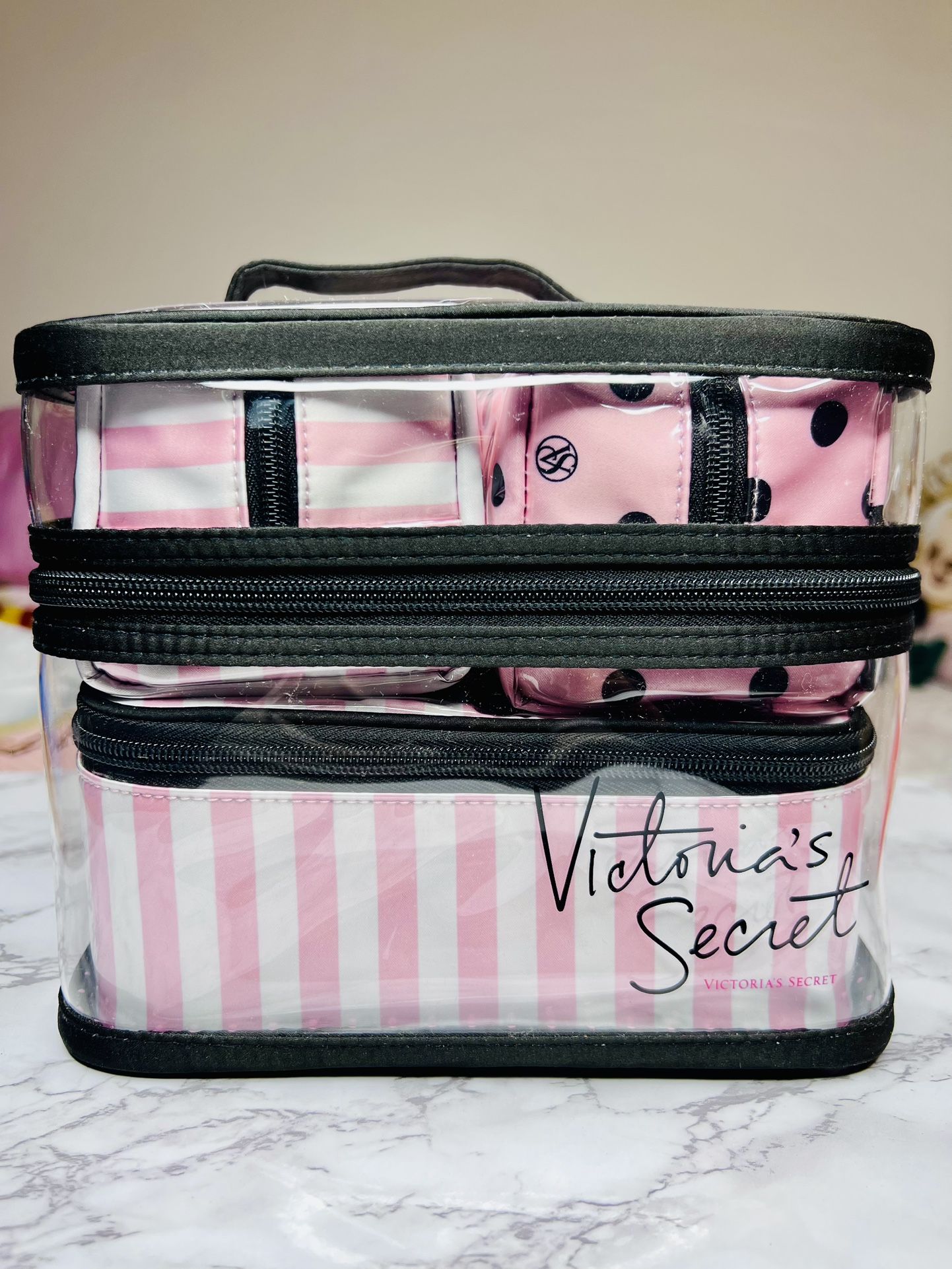 Victoria’s Secret Pink Stripes & Polka Dots 4 Piece Makeup Vanity Bag