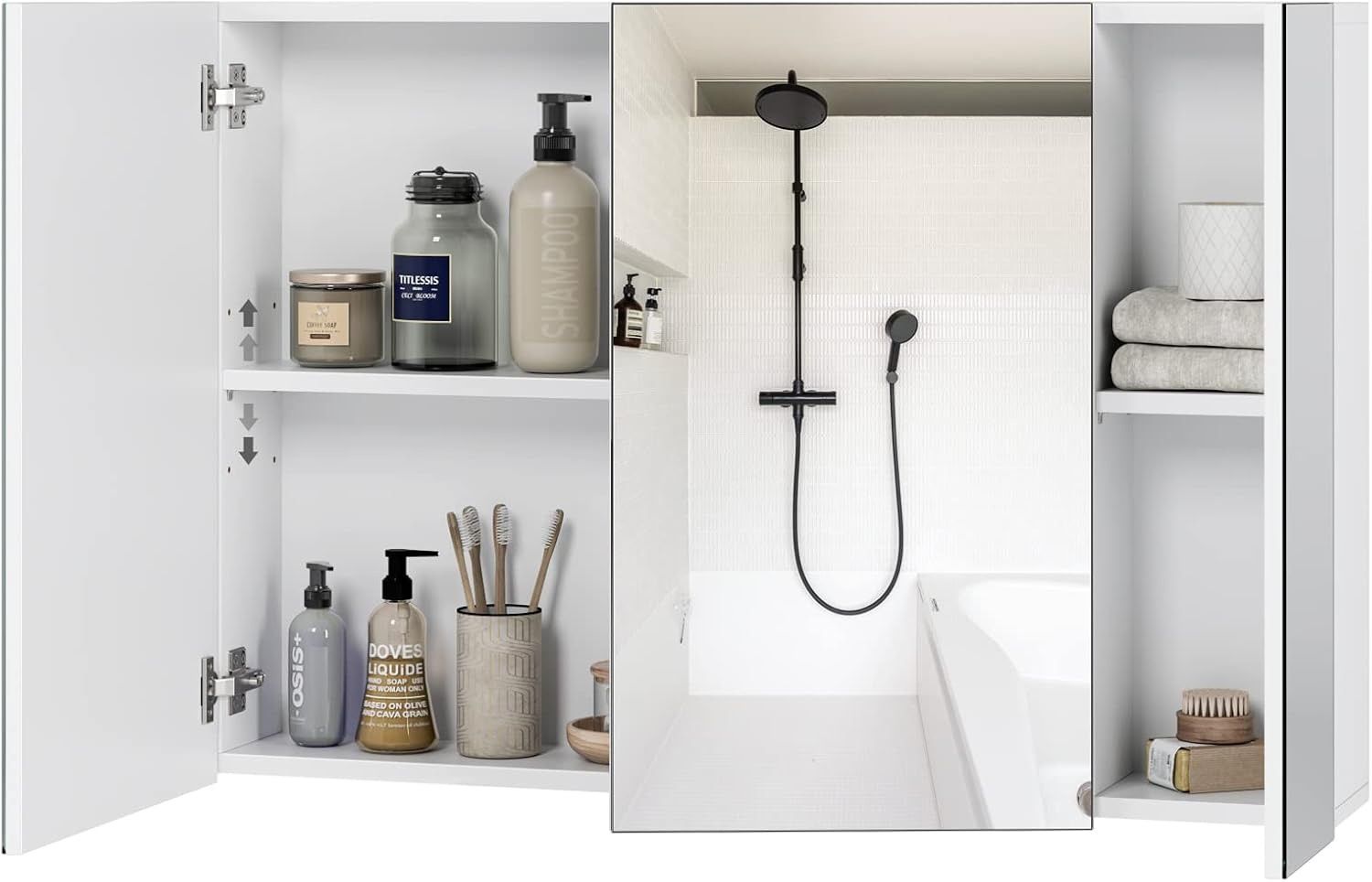 Large Bathroom Mirror Cabinet 87.5cm Wall Mounted Cupboard with Miroor Wall Storage Unit 3 Mirror Doors & Adjustable Shelves White Modern  2