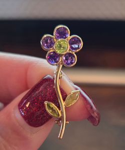 Real 14k Yellow Gold Purple Green Gemstones Flower Beautiful Pin Brooch 1.7 g