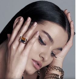 18k rose gold blue topaz baguette ring with diamonds and rhodolite stones