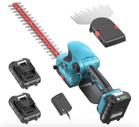 Cordless Hedge Trimmer 2-in-1: 12" Electric Bush Trimmer & 6" Grass Shears with (2)  2.0 Ah Batteries, Dual-Action Blade, Rotating Handle, Handheld Sh