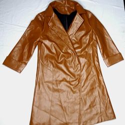 Brown Faux Leather Jacket Womans Size Medium Polyester Short Trench Coat Style