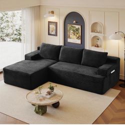 Black Corduroy L-Shaped Sectional Sofa