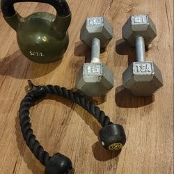 Kettlebell, TSA Hex Dumbbells and Tricep Pull-down 