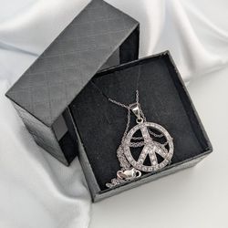18" Sterling Silver Cubic Zirconia Peace Sign Pendant Chain Necklace