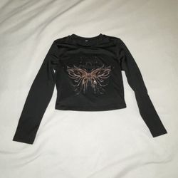 Black Butterfly Crop Top Shirt Long Sleeve Small New Junior Women A021