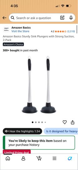 Amazon Basics Sturdy Sink Plungers with Strong Suction, 2-Pack Brand New