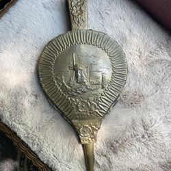 Vintage Brass Fireplace Bellows Dutch Scene Wood Leather Windmill Decor. NEAT!