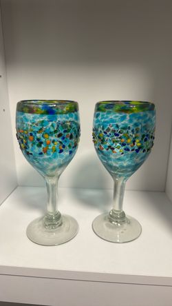 Hand-Blown Art Glass Wine Glasses Set of 2
