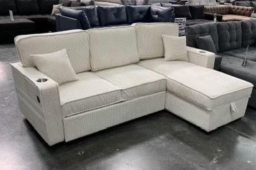 New Corduroy Sectional W Pullout Bed / Chaise Storage. Off White / Beige. 56” X 89” X 36”H. Free Delivery!