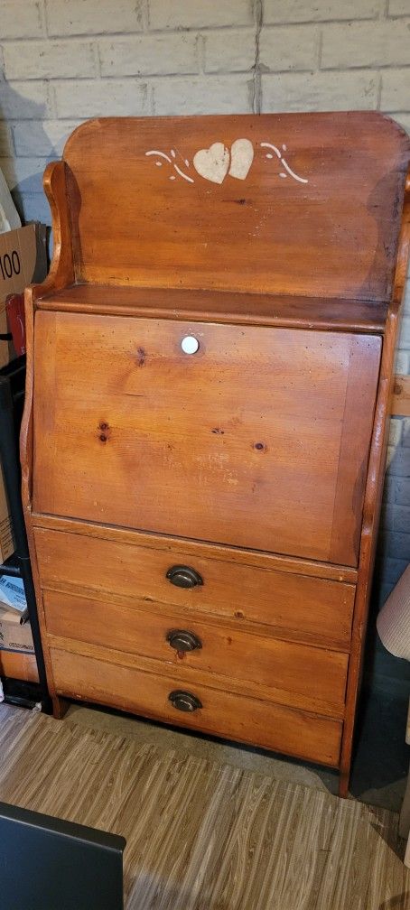 Vintage Fold Down Pine Desk With Drawers.