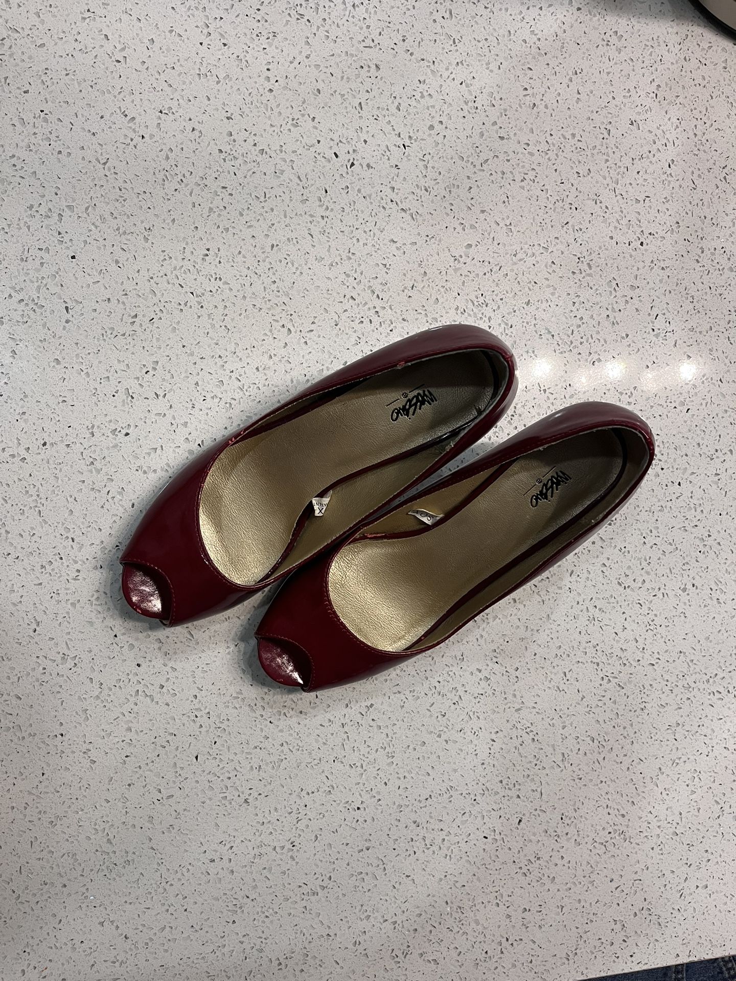 Burgundy peep-toe kitten heels