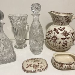 5 household items too heavy, crystal decanters crystal flower vase, & vintage drinking pitcher set