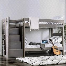 BUNK BED GRAY ELEGANT TWIN/TWIN WITH 2 SLAT KITS & STAIRCASE DRAWERS " MATTRESS SEPARATE