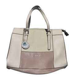 GUESS Colorblock Saffiano Faux Leather Satchel / Tote Bag – Cream & Taupe