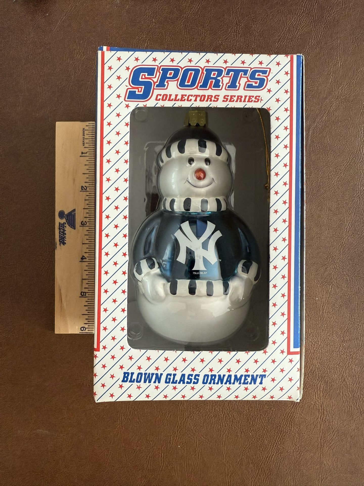 New York Yankee Blown Glass Christmas Snowman Ornament Inbox New