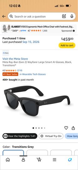 Ray-Ban metas gen2 wayfarer large transition