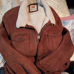 Levis Suede Leather Sherpa Trucker Jacket Size Medium Premium Brown Men Button