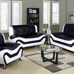 New Black And White Leather Modern Style Three Piece Couch Set