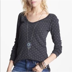 FREE PEOPLE Dark Grey White Desperate Polka Dot Thermal Henley Long Sleeve Top