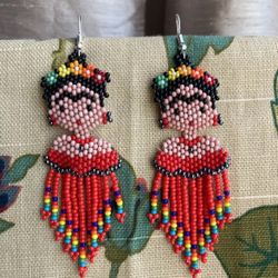 Frida Kahlo Seed bead earrings Handmade Boho Chic Fringe