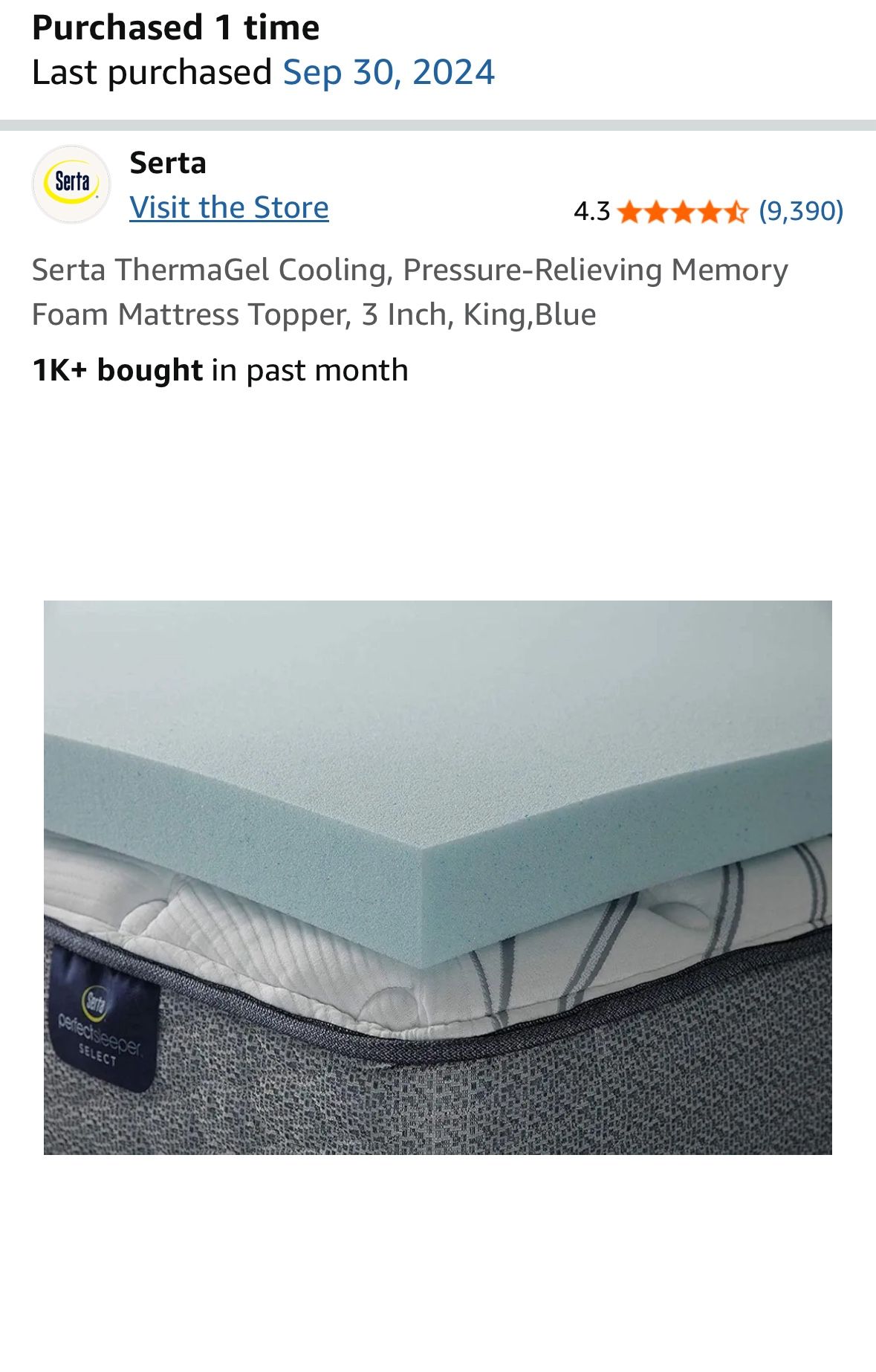 Serta 3in Memory Foam Mattress Topper