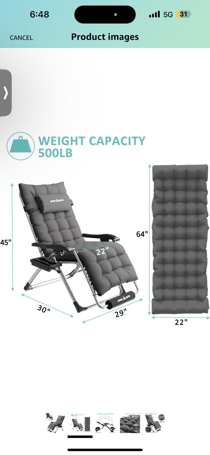 Zero Gravity Chair 22" Seat Width, XL Lounge Chairs w/Cushion, Folding Reclining Camping Chair for Outside Deck, Yard, Porch, Pool, Dark Grey