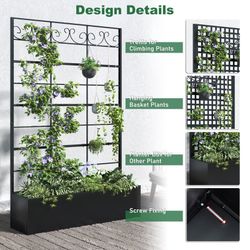 Metal Planter Box With Trellis, Outdoor Raised Garden Bed With Privacy Screen For Climbing Plants