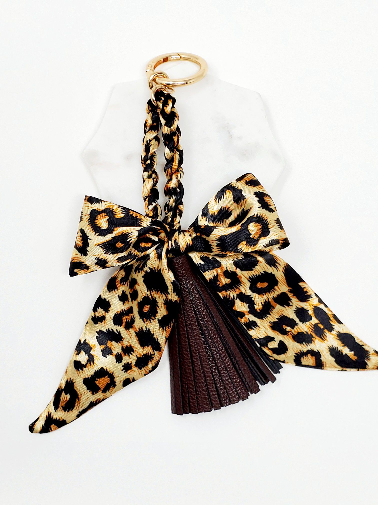 Leopard print scarf tassel bag charm