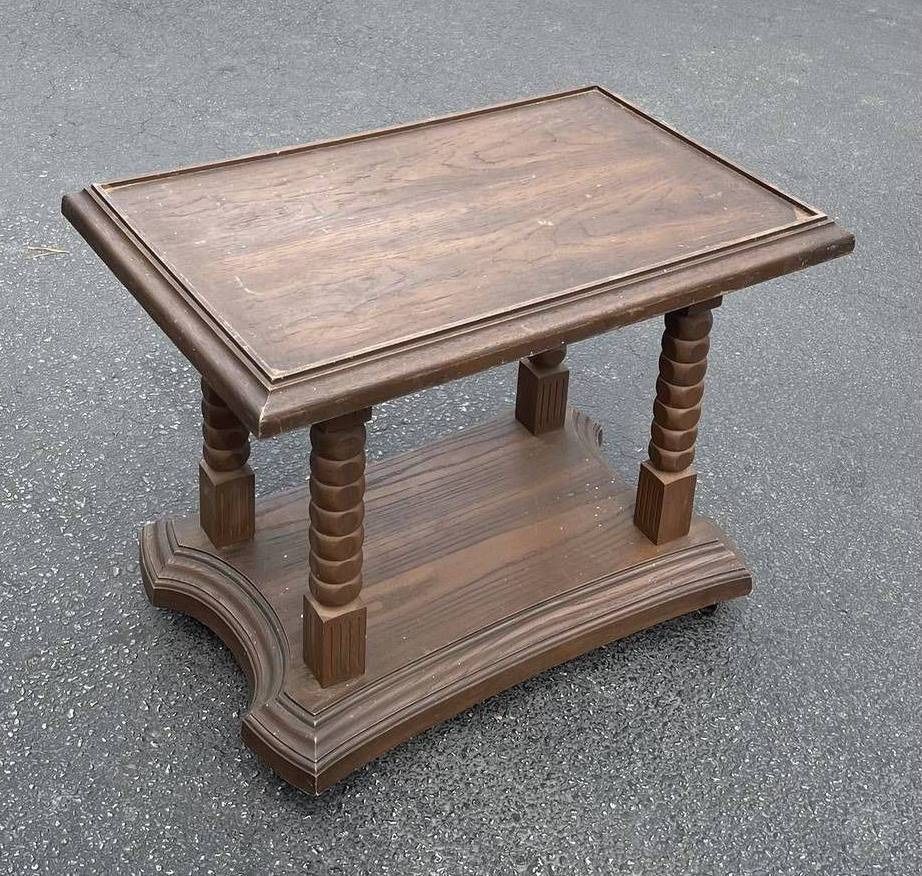 Vintage Mid Century Modern MCM Faux Wood Indoor Outdoor 2 Tier Caster Wheels Porch Patio Deck Side End Accent Mini Bar Tea Cart Rolling Table Stand
