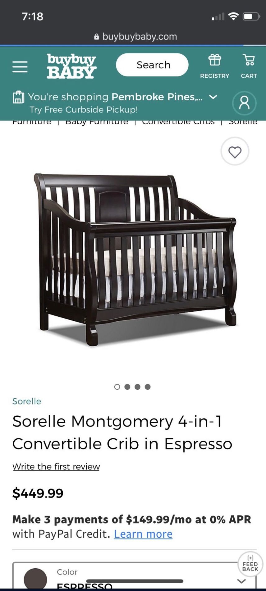 Sorelle Montgomery convertible baby crib color espresso. Great condition Comes with a toddler bed conversion