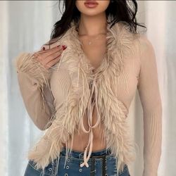 Faux Fur Trim Ribbed Tie Front Cardigan Slim Size Small