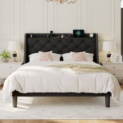 Full Bed Frame with 16" Deluxe Wingback & Charging Station, Upholstered Platform Bed with Button Tufted Storage Headboard,Black
