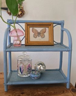 Blue Painted Rattan Two-Tier Shelf