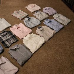 17 men's dress shirts + bonus short sleeve.. size medium.. brands: Bloomingdale, Louis Vuitton, lacoste, good fellow, Tommy Bahama. all for $75