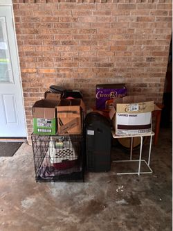 Dog Cages, mixed Dishes, and lamp.