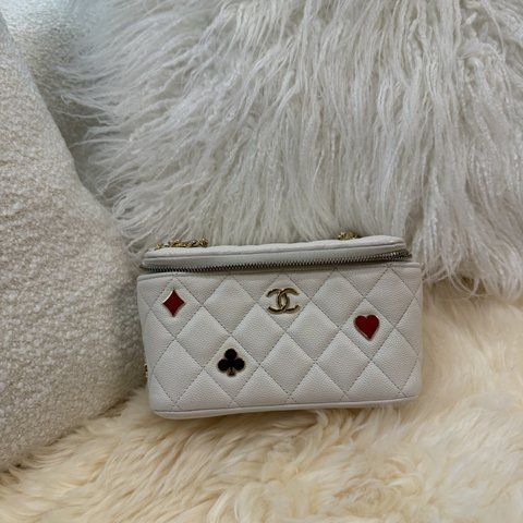 Chanel Caviar Quilted Enamel Coco Casino Small Vanity Case With Chain White