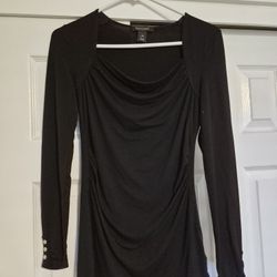 White House Black Market Black Draped Neck Runched Long Sleeve Top Sz XS