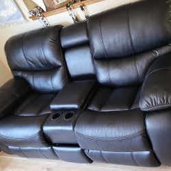 Power Leather Couch Recliner With Two Night/Book Lights Armrest Storage And Slide Drawer Like New 