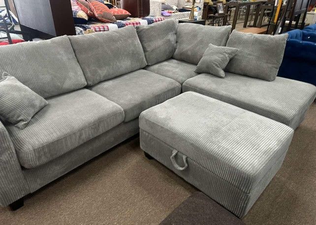 Grey Corduroy With Storage Ottoman