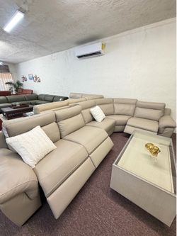 Natuzzi Beige Julius II Leather Sectional w/ 3 Power Recliners
