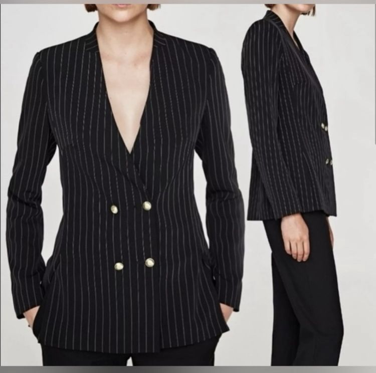 ZARA Pinstripe Blazer Black Double Breasted Gold Buttons Tailored Old Money Size L