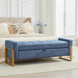 adochr 57" Storage Bench, Linen Upholstered Ottoman with Storage, Large End of Bed Bench with Metal Legs & Button-Tufted,500 lb Capacity, for Living R