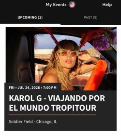 Two tickets to Karol G concert tickets solider field section 207
