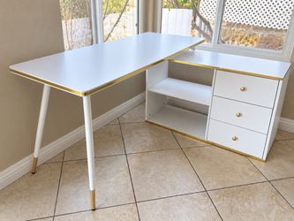White and Gold L-Shaped Desk with Drawers