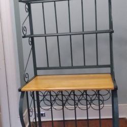 70 Inch 4 Tier Bakers Rack, Wood Shelf, Wine Rack, Carved Metal Frame - 31W x 29D x 70H
