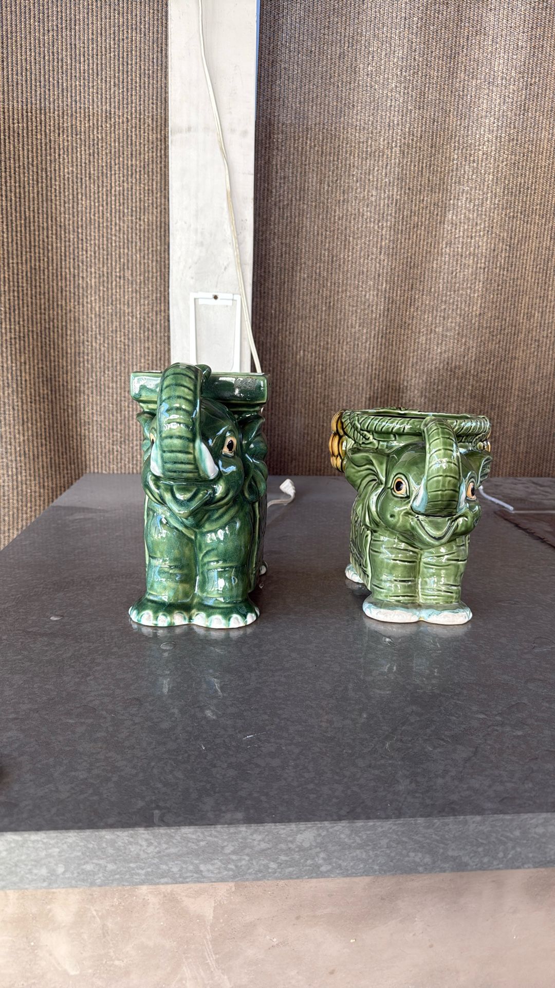 1950s Vintage Chinoiserie Majolica Green Elephant Planters. 