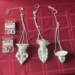 Three Hanging Iron Candle Holders And Ceiling Hooks