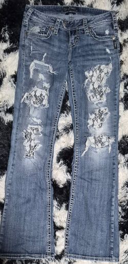 Silver Jeans Women’s Bootcut Jeans Blue Distressed Embroidered 5-Pocket